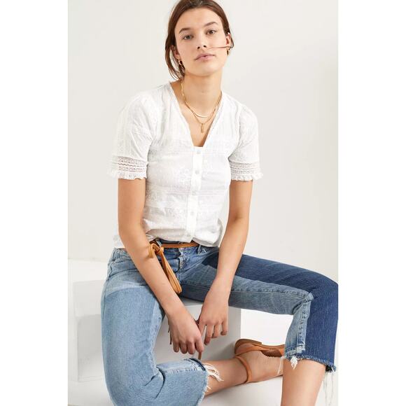 Anthropologie Lace-Trimmed Buttondown blouse white crochet embroidered Romantic - Picture 1 of 12